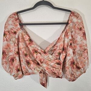 *NWT* Express Floral Wrap Crop Top Puffy Sleeves Back Tie Attached, size 0